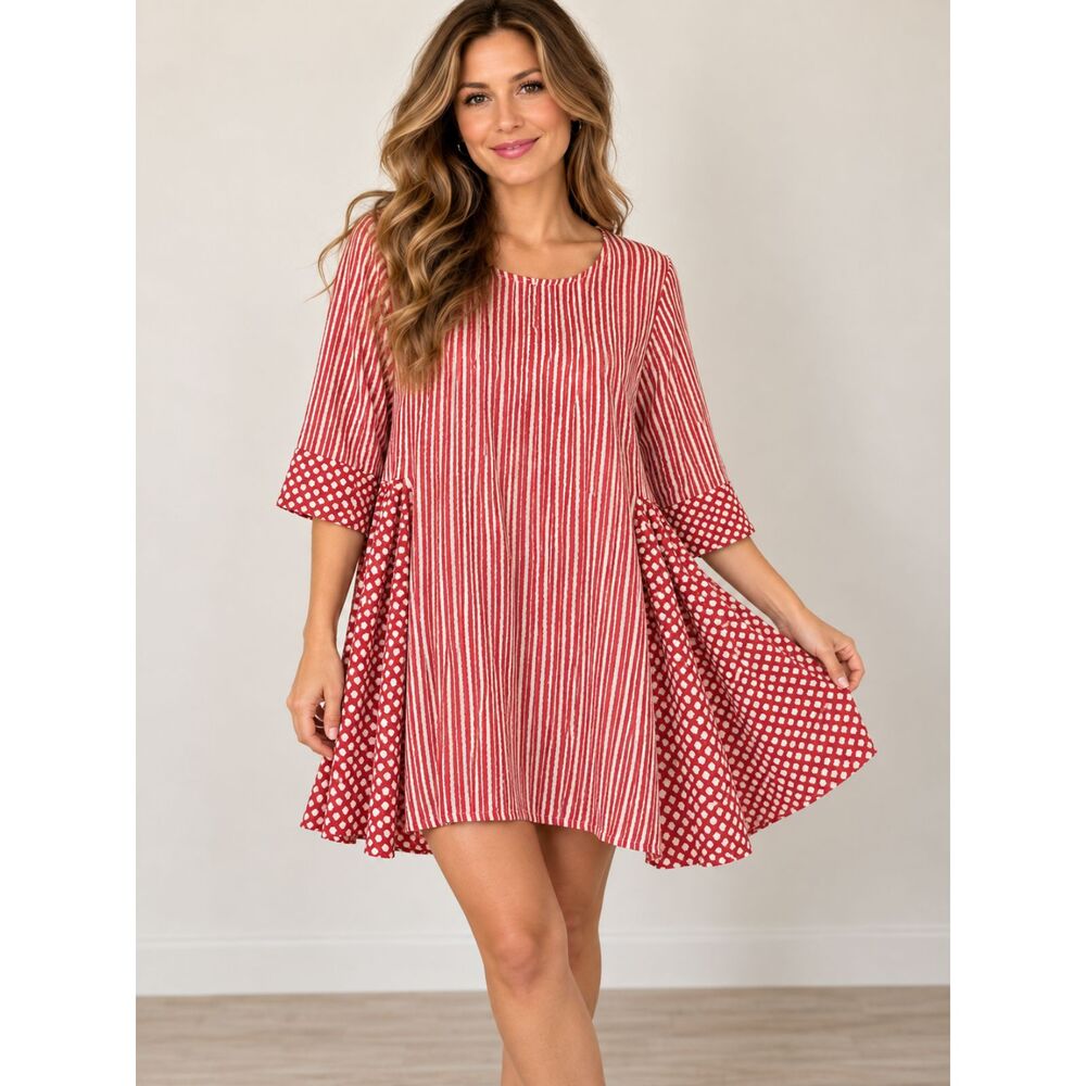 SVRNAA Women's Small Red White Striped 3/4 Sleeve Swing Dress Mixed Print Boho